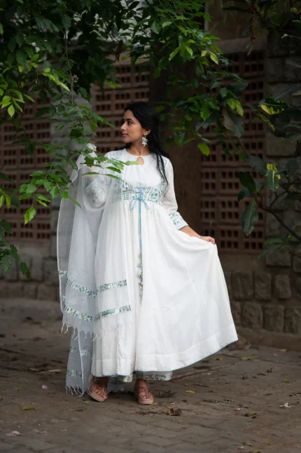 White Anarakali Kurti Palazzo Dupatta set
