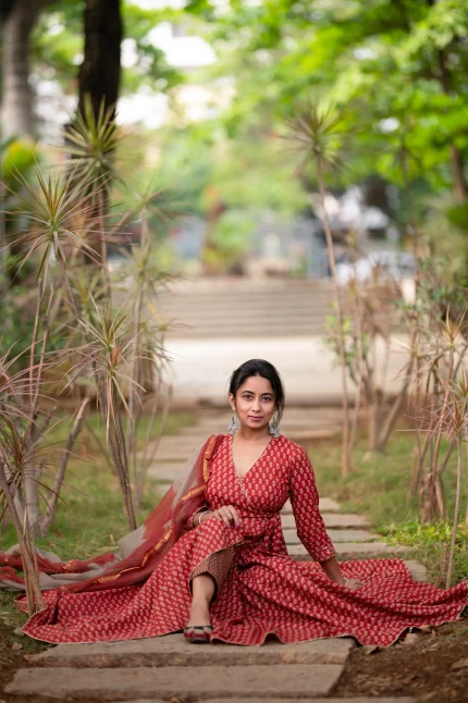 Rust Angrakha anarkali flared kurti pant dupatta set